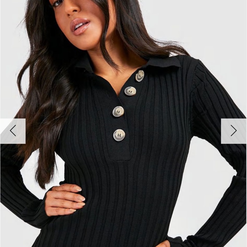 Boohoo Black Ribbed Dress with Button Accent
